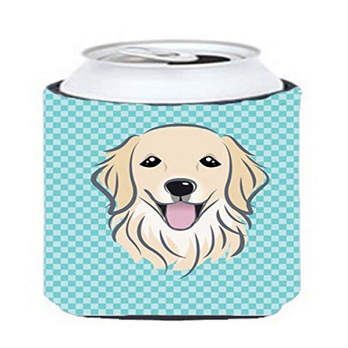 Caroline's Treasures BB1143CC Checkerboard Blue Golden Retriever Can or Bottle Hugger Cooler Washable Drink Sleeve Collapsible Beverage Insulated Holder, Can Hugger, Multicolor