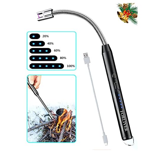 Candle Lighter, Electric Lighter, Rechargeable Camping Lighter, Arc Windproof Flameless USB Firework Lighter, LED Battery Display, Safety Switch, Longer Flexible Neck Lighter for Kitchen BBQs (Black)