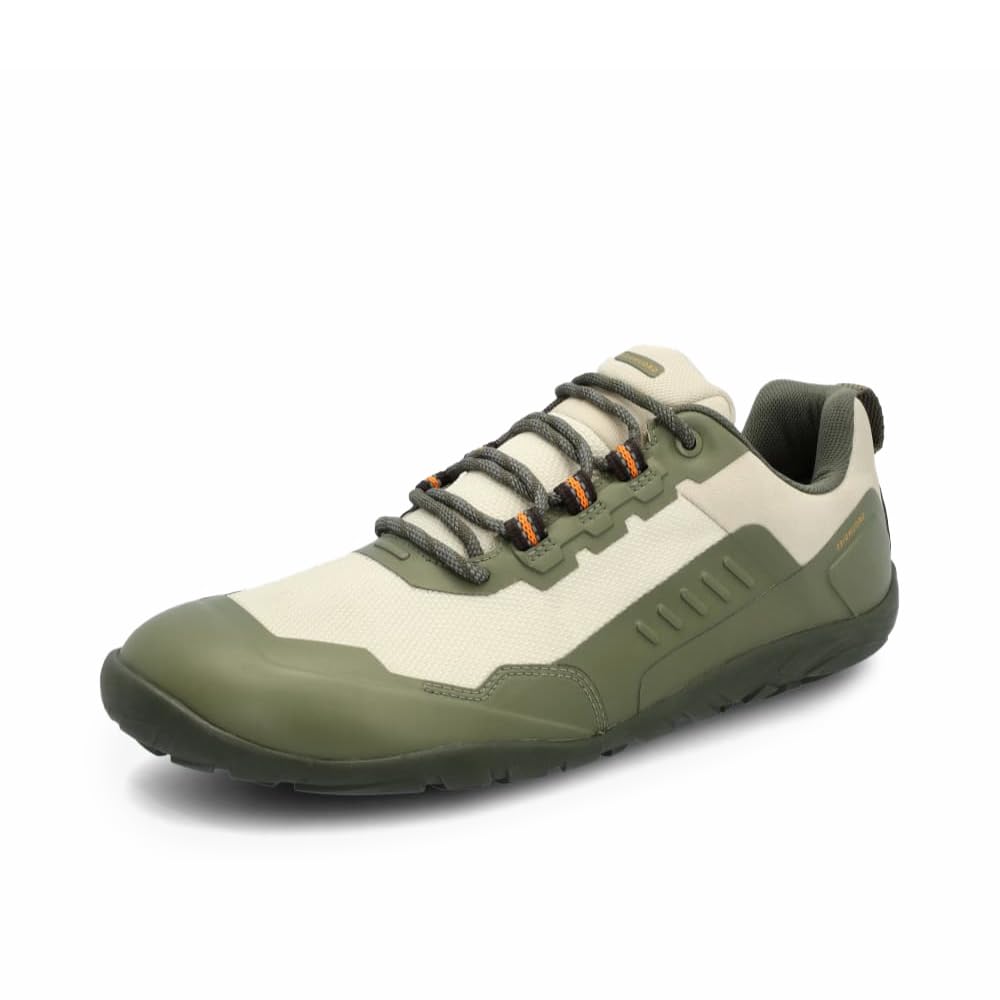 GROUNDIES All Terrain Low 2.0 Waterproof Hiking Shoes for Women - Lightweight Barefoot Shoes with Flexible TrueSense Traction Hiking Outsole, Khaki/Orange - 7
