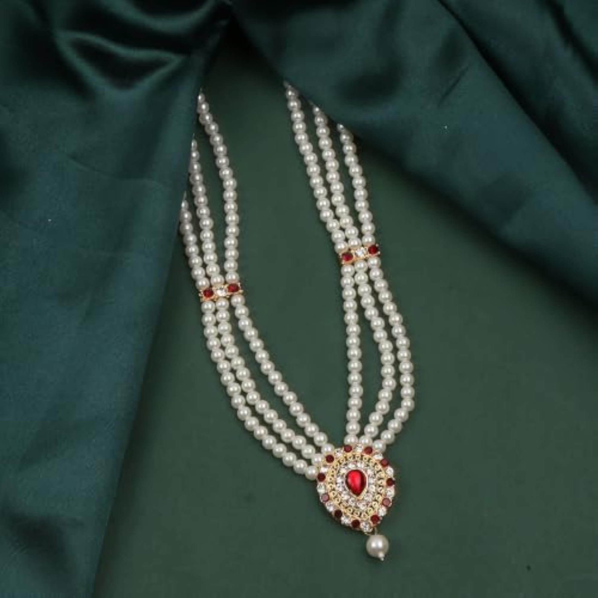 Three Layer Pearl Mala Necklace with Red Stone Drop Pendant