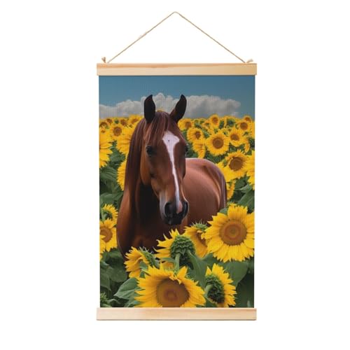 Peinture murale de cheval et tournesol avec cintre en bois vintage pour salon 91x61 cm