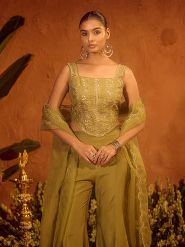 Image of FIORRA Women Olive Green Viscose Chanderi Embroidered Ethnic Top Palazzo Set with Dupatta