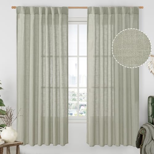 LAMIT Sage Grey 72 inch Linen Curtains for Living Room 2 Panels, Linen Textured Light Filtering Semi Sheer Back Tab and Rod Pocket Farmhouse Curtain Panels for Bedroom/Farmhouse, 52 x 72 Inch