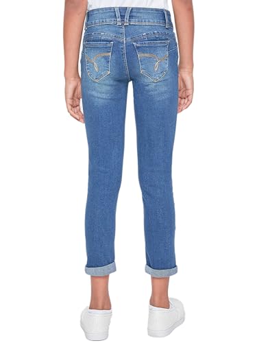 YMI Jeans Girls Sustainable WannaBettaFit 2-Button Double Cuffed Skinny Jeans, Tinted Blue Rips, 103