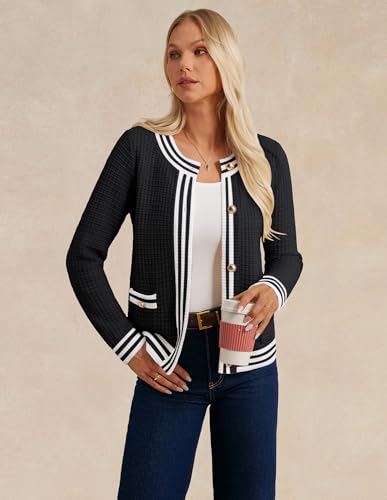 GRACE KARIN Cardigan Sweaters for Women Lightweight Long Sleeve Button up Sweater 2025 Color Block Jacket with Pockets3