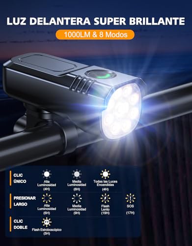 Rolgno Super Brillante Luces Bicicleta Delantera y Trasera, Luz Bicicleta Aleación de Aluminio Resistente, 8+7 Modos & Recargable USB, IP65 Impermeable Luces Bici para Conducción Noche/Camping/Montaña - imagen 2