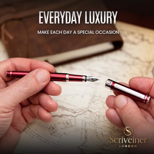 Image of Scriveiner Deep Crimson Red Fountain Pen - Stunning Luxury Pen with Chrome Finish, Schmidt Nib (Fine), Best Pen Gift Set for Men & Women, Professional, Executive, Office, Nice Pens