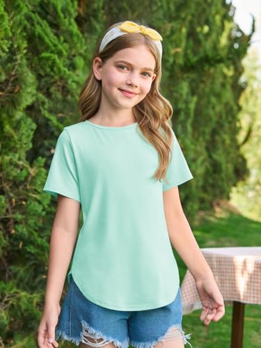Image of Haloumoning Girls Summer Short Sleeve Shirt Kids Crewneck Curve Hem Soft Tunic Tops T-Shirts 5-14 Years