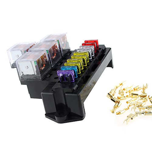 Yorten Caixa de fusíveis de 10 vias, soquete de 5 pinos, base de relé, bloco porta-fusíveis com fusí