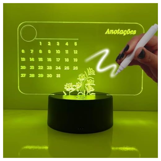 Luminária 3D de Escrever calendário tipo Lousa, Acrílico + Caneta