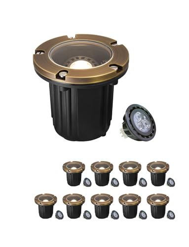 MALORY Brass Top Cover Landscape Well Lights (126 mm) 12V Low Voltage Outdoor In Ground Lights Landscape Lighting for Pathway Driveway and Garden 10-Pack with Bulb (Flat Top)
