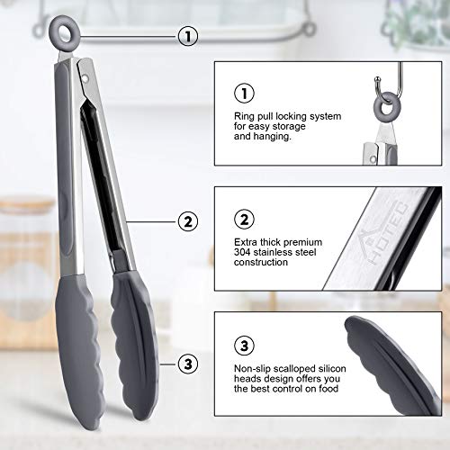 HOTEC Premium Stainless Steel Locking Kitchen Tongs with Silicon Tips, Set of 2-9" and 12" Light Grey, 2pack:light Grey, 12+9inch - Image 3