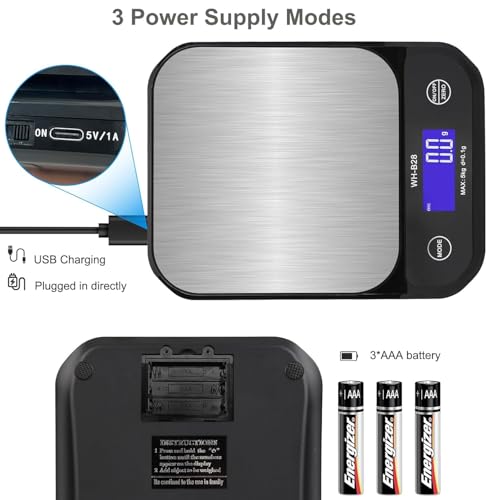 3T6B Cyfrowa waga kuchenna, 5 kg/0,1 g, bardzo precyzyjna waga cyfrowa, z dużą powierzchnią ze stali nierdzewnej, ładowanie przez USB, wodoszczelność IP67