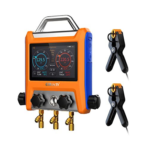 Elitech EMG-20V Intelligent HVAC Digital Manifold Gauge Three Port with Vaccum Sensor Thermometer Clamps Hoses