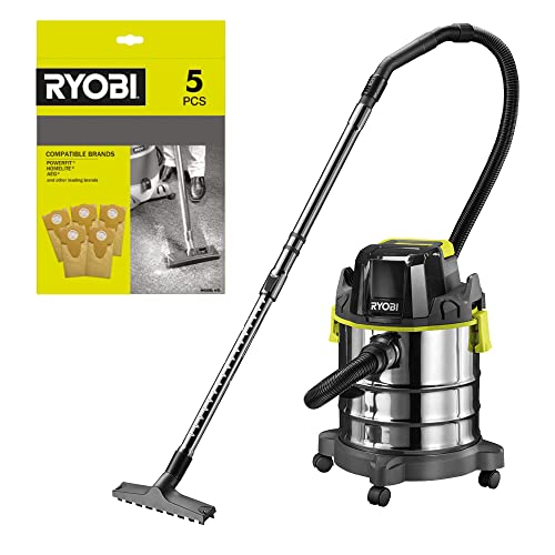 RYOBI - Aspirateur Eau et Poussière 18V ONE+ - Cuve Inox 18L, Livré avec Flexible, Tube Extensible, 5 sacs (sans Batterie ni Chargeur)