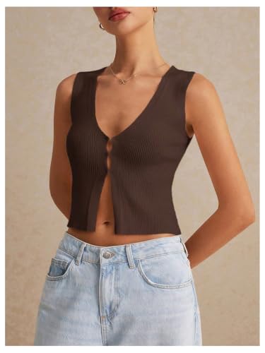 Image of GORGLITTER Women's Knit Top V Neck Sleeveless Button Up Sweater Vest Fall | Cute Summer Tops, Lightweight, Button Down, Business Casual, Work Office Shirts, Fashion Clothing