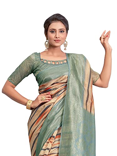 Image of AKHILAM Women's Abstract Linen Tassels and Latkans Saree With Unstitched Blouse Piece (NITRA101 HS Parent)