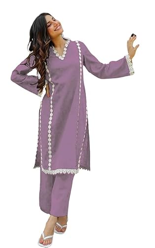 Women's Rayon Long Sleeve V Neck Lace Work Straight Kurta with Matching Pant Set