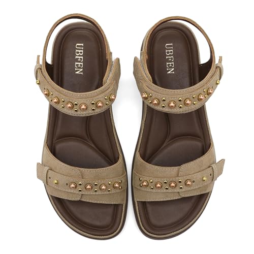 Image of UBFEN Womens Sandals Comfortable Arch Support Steel Beaded Flat Sandals with Back Strap - Open Toe Slingback Shoes for Beach, Vacation and Travel