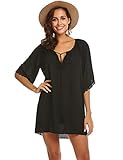  Trudge Damen Bohemian Tunika Strandkleid Chiffon Blusen Strandtunika Rundhals 3/4-Arm Oberteile Kleider Casual Loose Shirt, Schwarz, EU 44/XXL