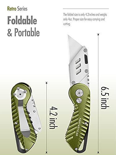 Fantasticar Folding Utility Knife, Quick Blade Change Box Cutter, Anti-Slip Metal Body, With Safety Lock And 5 Extra Blades (Retro Green) #TOP3