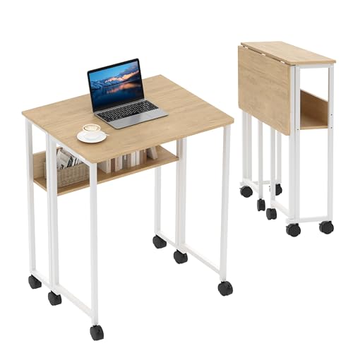 Folding Desk Small Rolling Desk with Storage Shelf,24.8 Inch Foldable Computer Table with Wheels,Portable Office Desk for Small Space Sofa Table,Easy to Fold,Writing Work Office Computer Desk,Oak