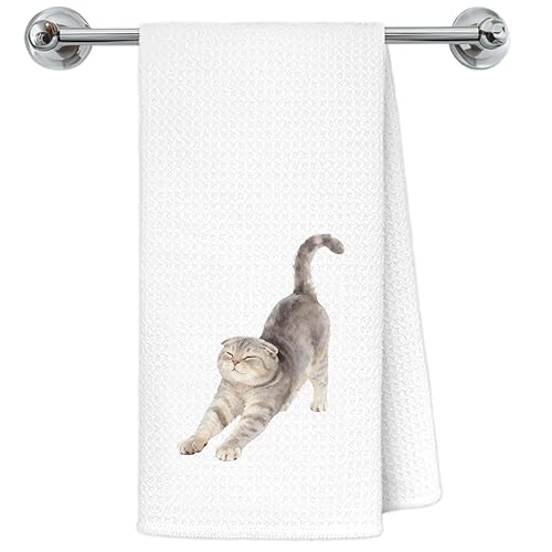 Exqcom Scottish Fold Cat Kitchen Towels, Cat Owner Gifts Dish Tea Towels for Kitchen Decor, Cute Kitty Kitten Stretching Decorative Hand Towel Bathroom Decor, 16x24 Inch