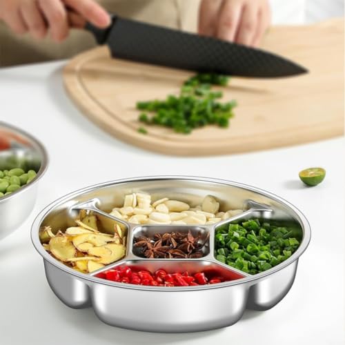 MIKMLYZE Lot de 2 assiettes divisées en acier inoxydable, 5 compartiments avec espace central pour la préparation de sauces, salades et collations, plateau alimentaire résistant à la rouille pour – vue 9