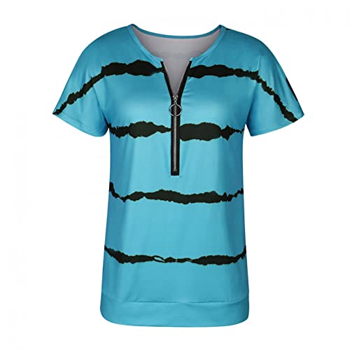 Blusa feminina elegante, feminina casual de verão, manga curta, solta, gola V, plus size, Azul, XXG