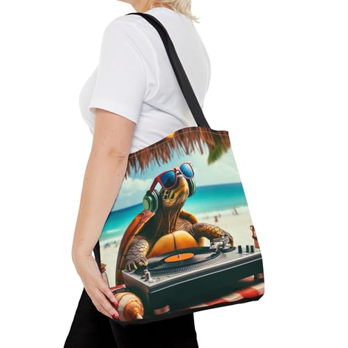 Premium Tote Bag with Reinforced Stitching Featuring a DJ Turtle Spinning Records at a Beach Party4