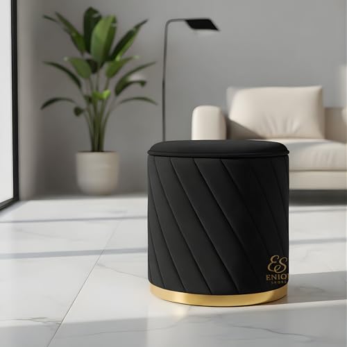 Image of Luxury Round Velvet Ottoman Stool with Gold Base - Modern Upholstered Footrest Pouffe, Tufted Vanity Seat, Living Room Bedroom Dressing Stool (Black)
