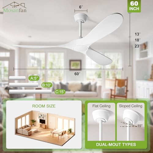 Image of 60 Inch Ceiling Fans with Lights and Remote, Wood Outdoor Ceiling Fan with 6 Speed Noiseless DC Motor, Indoor Modern 3 Blade Propeller Ceiling Fan for Bedroom Living Room Gazebo Patio (White)