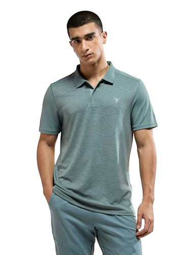 Image of TECHNOSPORT Men Polyester Self Design Polo Neck Half Sleeve T-Shirt with UPF50+, Double Cool for Gym, Sports and Regular Use