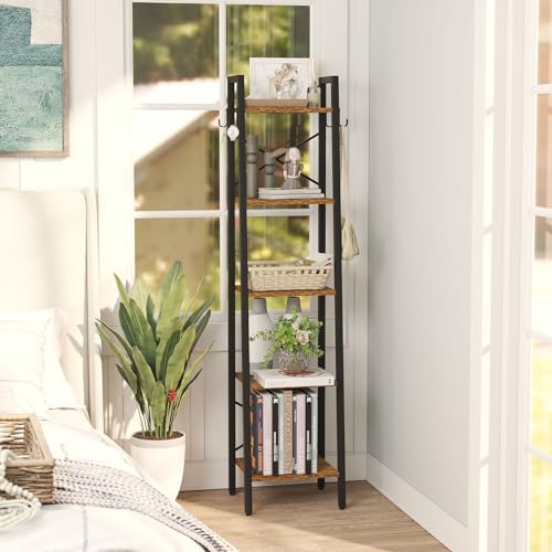 Miniatura 5 de Ymyny 160cm Librería, Estantería De Escalera Con 4 Ganchos, Estantería De 5 Niveles, Para Salón Dormitorio Cocina Oficina En Casa, Estilo Industrial, Marco De Metálica, Marrón Rústico Hbc025h