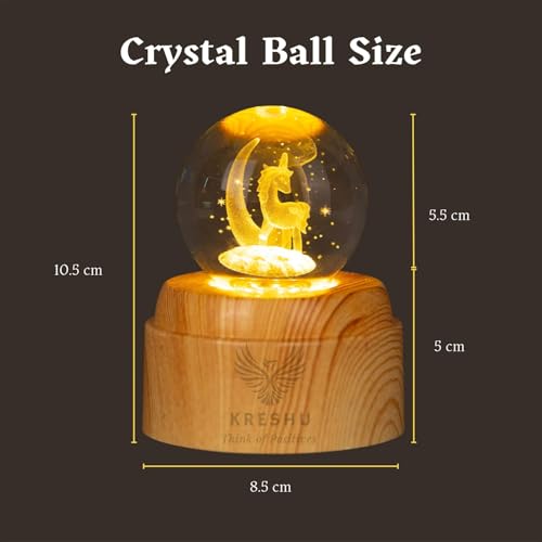 Image of KRESHU Unicorn Moon 3D Crystal Rotating Glass Ball Dimmable Warm LED Light Wooden Stand Luminous USB Cable Decoration Night Lights for Art Home Decoration Birthday Gift (Pack of 1)