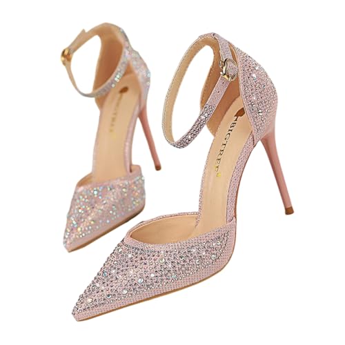 ticticlily Escarpins Femme Talons Hauts Paillettes Bout Pointu et à Strass 10cm Antidérapante Boucle Réglable Chaussures de Mariage en Soirée Fête A Rose...