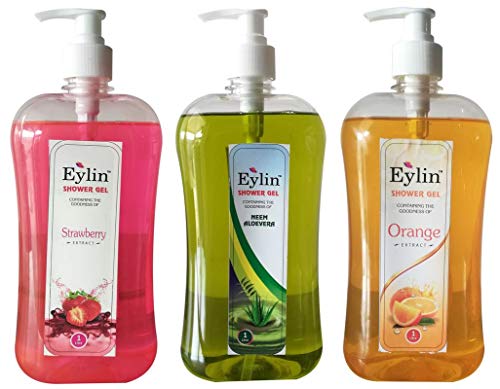 EYLIN SHOWER GELS COMBO 3 EXTRACTS : STRAWBERRY, NEEM ALOE VERA & ORANGE: TOTAL 3 LITRES