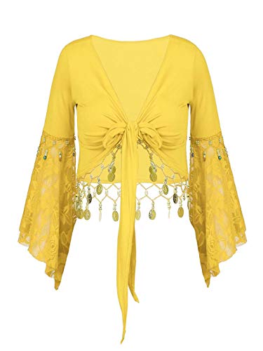 Freebily Women's Lace-Up Shawl Cardigan Flare Sleeve Tassel Belly Dance Shrug Crop Tops Yellow XL