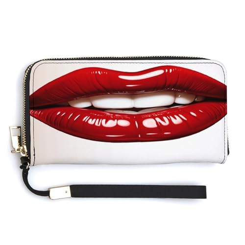 Portefeuille long femme à motif lèvres rouges avec fermeture éclair et dragonne pratique