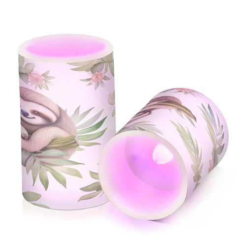 Image of Leaf and Sloth Flameless Candles, Flameless Candles with Remote Set of 2, Flameless Candles Battery Operated, Pillar Candles Home Decoration, Christmas, Party, E08D23009