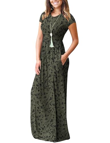 Image of MISFAY Women's Short Sleeve Maxi Dresses Long Casual Dresses with Pockets | Empire Elastic Waist, Crew Neck, Floor Length, Strentchy Flowy A Line Fit, Loose Plain Summer Outfits, Vacation Wear