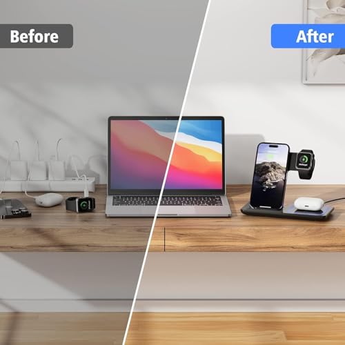 Image of 3 in 1 Wireless Charger Charging Station, Wireless Charger Stand for iPhone17 16e 16 15 14 Pro Max 13 12 11,Charging Dock for AirPods 4 3 2 Pro, Apple Watch 11 /10 /9 /Ultra /8 /SE /7 /6 /5 /4 /3