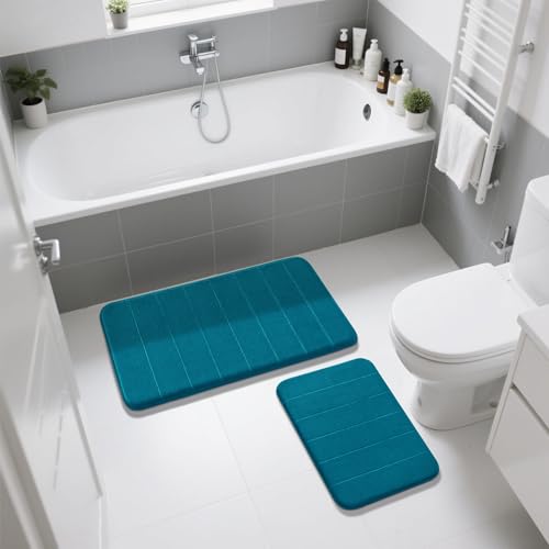 Image of Yimobra 2 Pieces Memory Foam Bath Mat Sets, 17x24+44.1x24 Inches for Bathroom Rugs, Toilet Mats, Non-Slip, Soft Comfortable, Water Absorption, Machine Washable (Peacock Blue, 17 inchx24 inch+31.5 inchx19.8 inch)