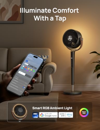 Image of DREO Smart Fan for Bedroom, 150+120 Omni-directional Oscillating, Quiet 20dB Fan, 100ft Air Circulator Pedestal Fan with DC Motor, 12 Speeds, 6 Modes, 37-42 inch Height, Wi-Fi /Voice /Alexa，RGB LED