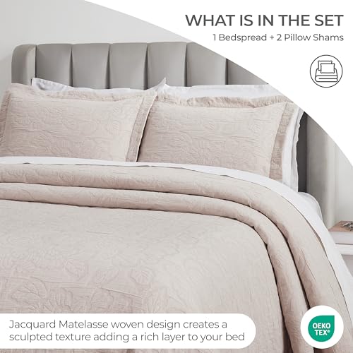 Superior 3 Piece Cotton Bedspread Set, Home Bed Decor, Decorative Bed Spread, 2 Pillow Shams, Medium Weight Blanket, Matelasse Coverlet, Bedding Essentials, Hibiscus Collection, Queen, Blush