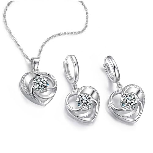 PANDA LUXURY JEWELLERY Schmuckset Damen 925 Sterling Silber Herz Halskette und Ohrringe Set mit Zirkonia, Kette mit Herzen Anhanger, Schmuck Geschenke für Frauen, Freundin