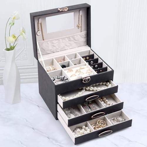 Image of BucketList Luxury PU Leather Jewellery Organizer Box with Mirror & Lock | 3 Drawer Jewelry Storage Case with Ring Rolls & Compartments (4 Drawers Jewelry Box with Mirror (Black))
