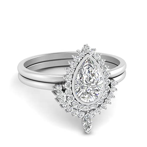 Image of 55Carat Choose Your Gemstone Bezel Pear Shape Halo CZ Diamond CZ Ring Sterling Silver Pear Shape Wedding Ring Sets Ornaments Surprise for Wife Symbol of Love Clarity Comfortable US Size 4 to 12