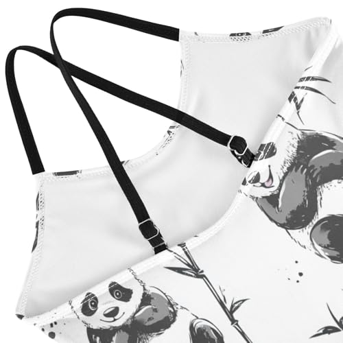 Pigsaly Girls One Piece Swimsuits Black White Watercolor Happy Pandas Kids Cross Back Swimwear Beach Sport Bathing Suit 3T4