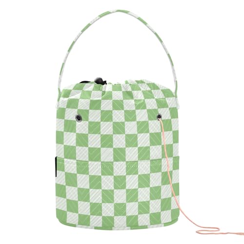 Image of Checkered Light Green Crochet Yarn Bag with Handle Portable Knitting Project Bag Travel Yarn Storage Organizer Holder Case Women Men Gifts